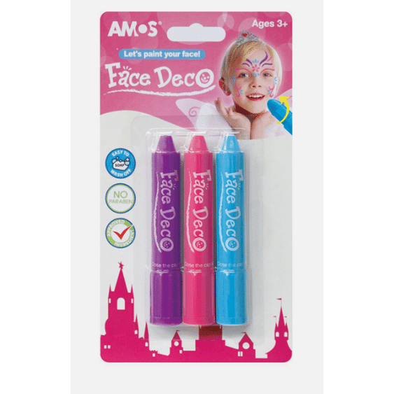 סט שלושה טושים לציור על הפנים באריזת amos Face Deco לילדים